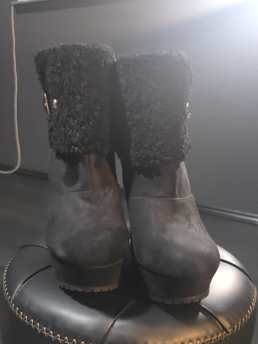 G by Guess Black Faux-Shearling Platform Ankle Boots